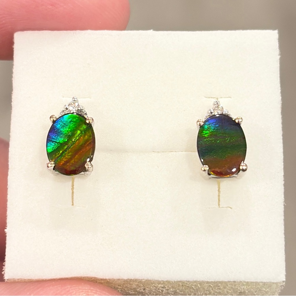 14K Ammolite Earrings Diamond Accent White Gold Rainbow AAA Oval Solitaire Studs - Picture 6 of 15